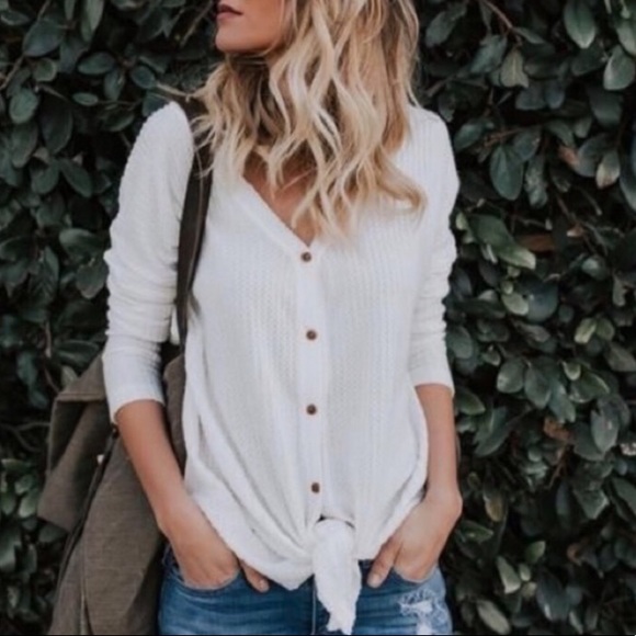 Tops - White Button Up Tie Long Sleeve Shirt